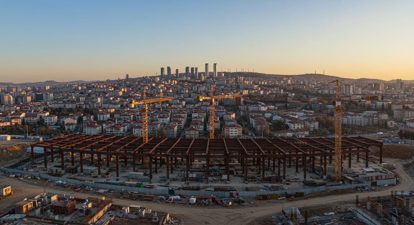 Ankara geneli inşaat taahhüt hizmetleri: çelik yapı şantiyesi ve şehir silueti