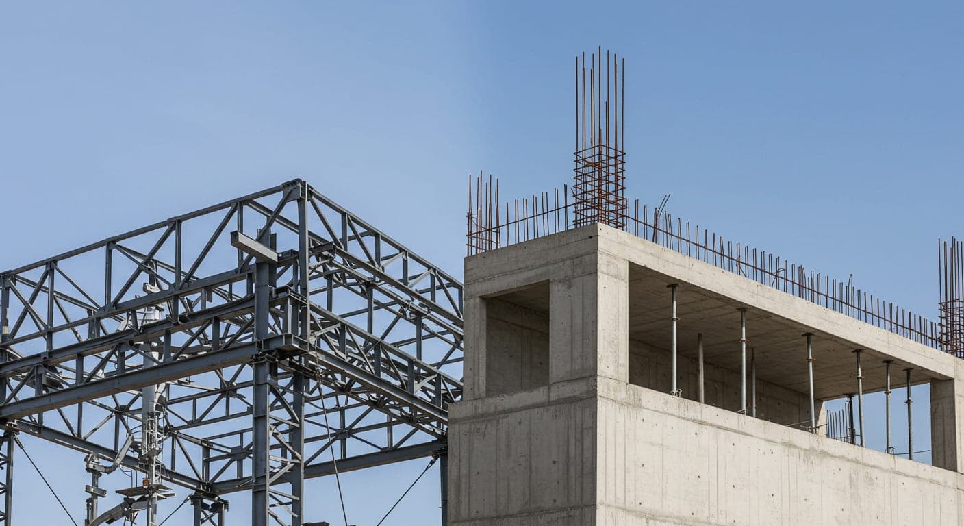Endüstriyel alanda yan yana çelik konstrüksiyon ve betonarme yapı karşılaştırması