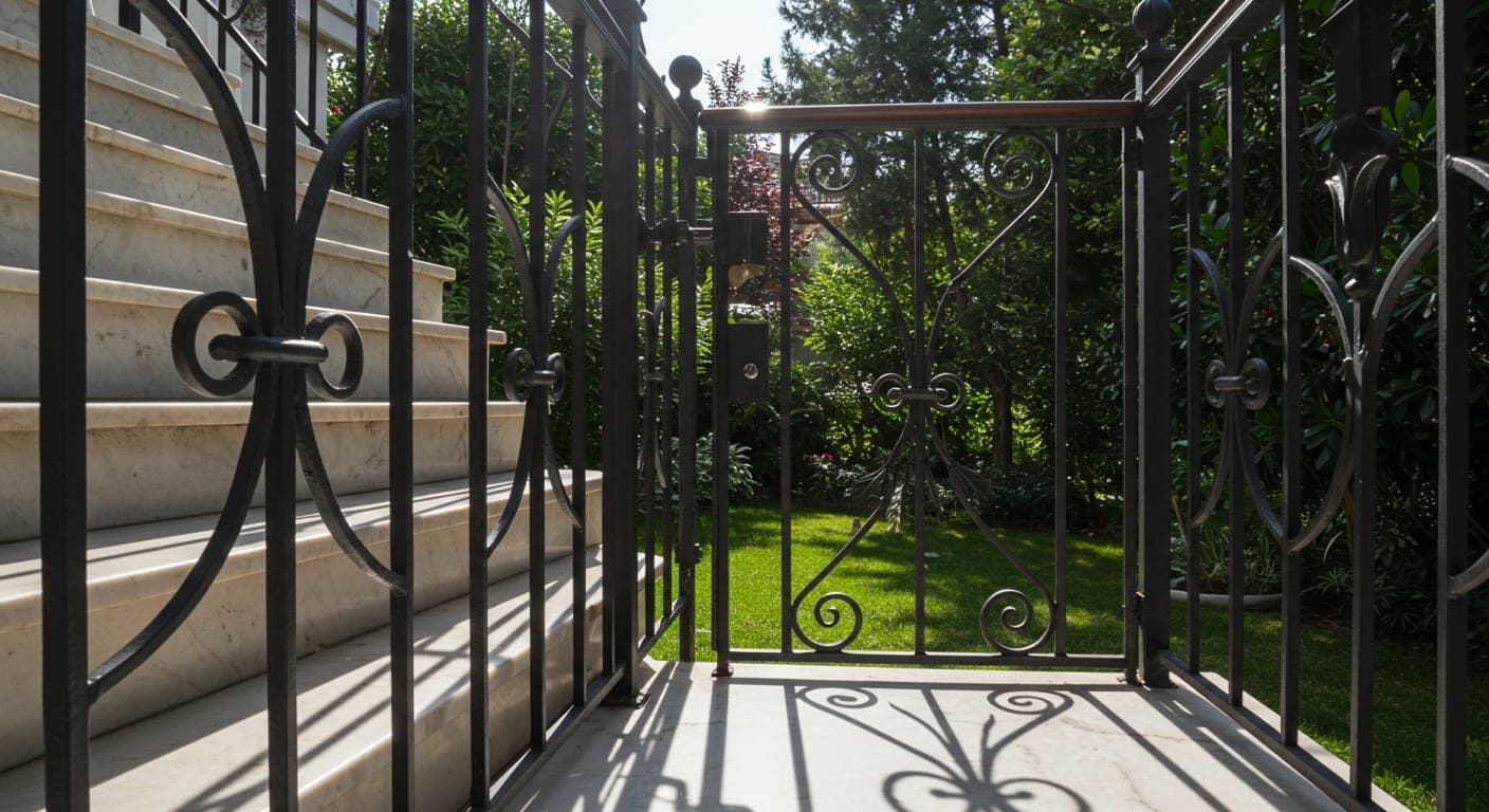Ankara villa bahçesinde özel tasarım ferforje korkuluk ve bahçe kapısı detayı