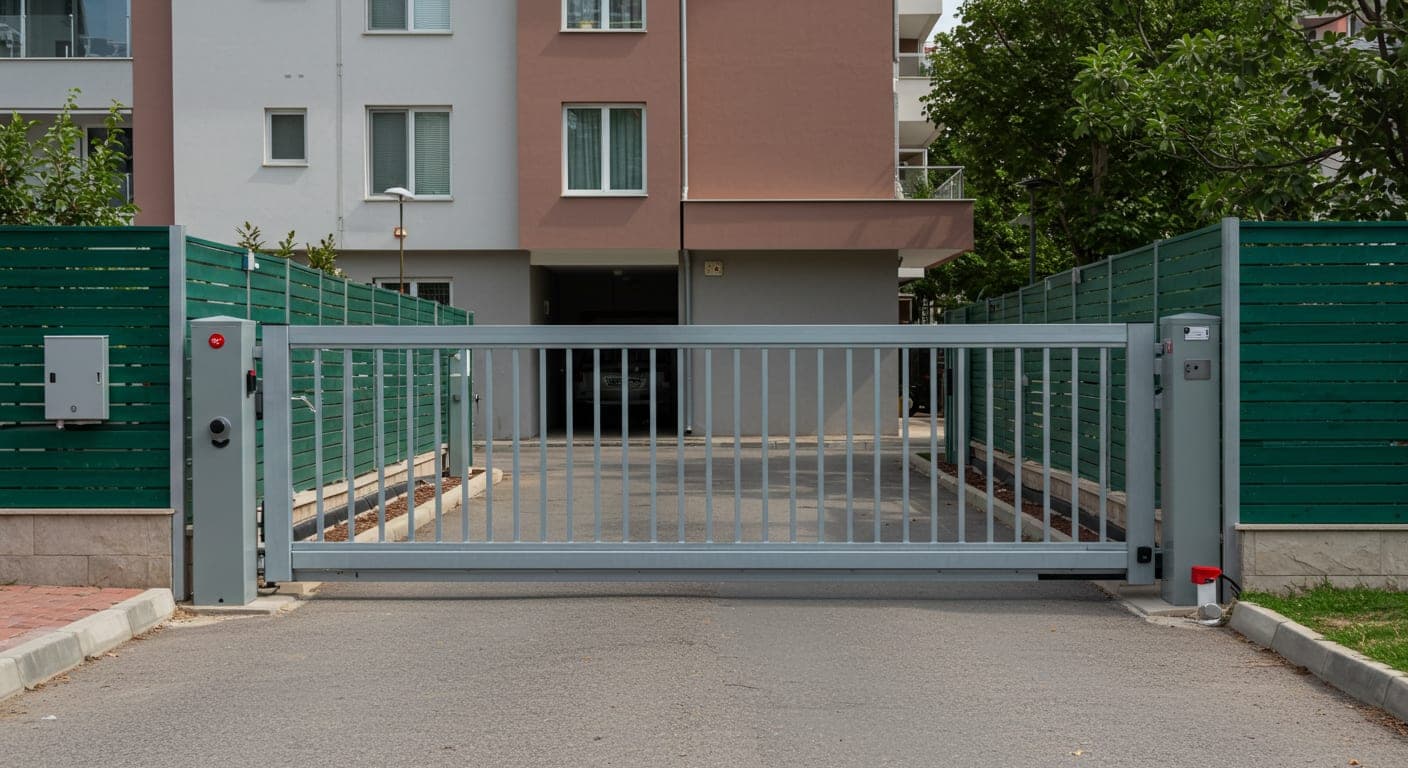 Ankara'da site girişinde raylı otomatik bahçe kapısı ve panel çit
